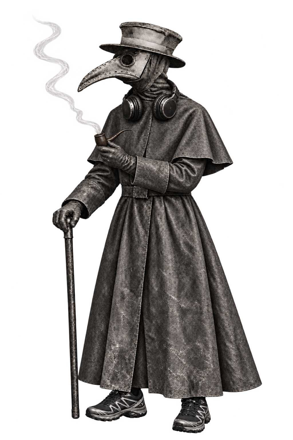The Manghal plague doctor with headphones, a lowered smoking pipe, graphite trail sneakers and a cane