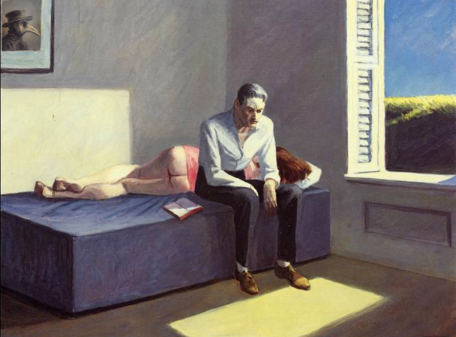 Manghal edit of Edward Hopper’s Excursion into Philosophy, with a plague doctor portrait on the wall